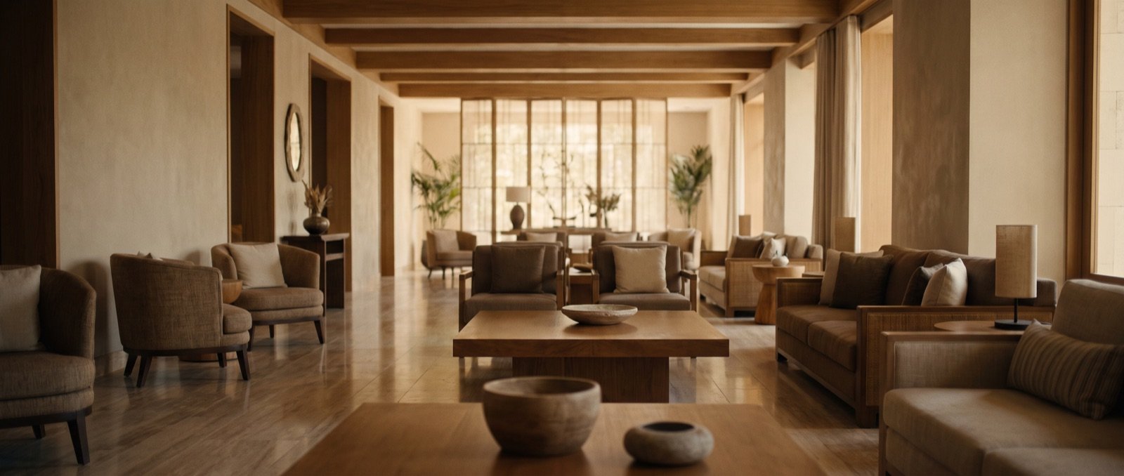 An elegant, warm-toned spa lounge interior